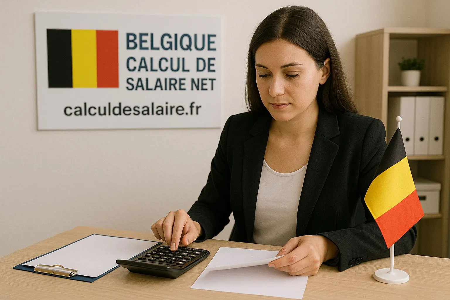 Fiche de paie belge posée sur un bureau avec une calculatrice, les lignes ONSS et précompte professionnel visibles