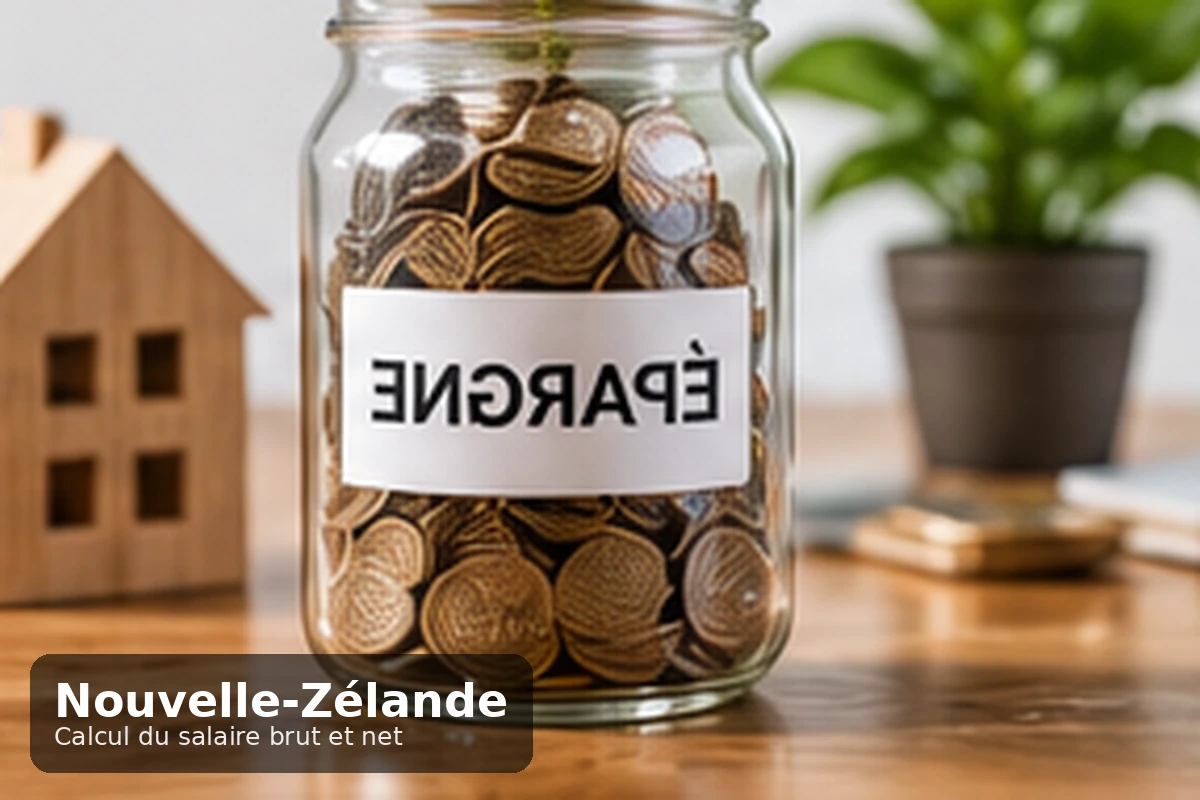 Dollars néo-zélandais et fiche de paie avec les lignes PAYE, ACC et KiwiSaver devant un paysage de collines vertes