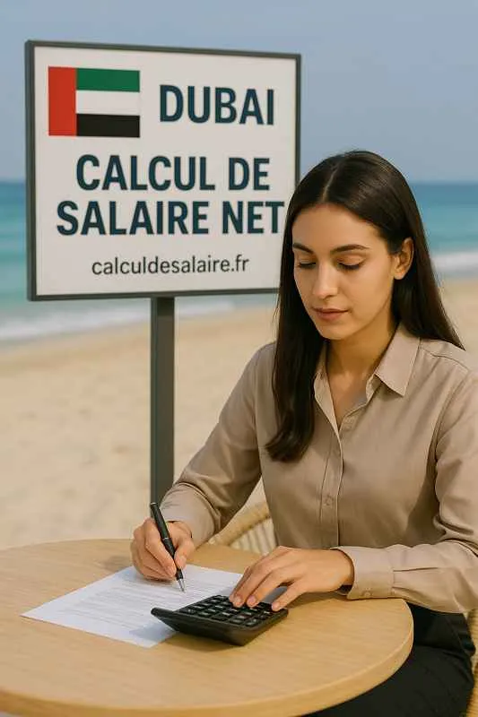 Skyline de Dubaï au crépuscule avec en premier plan un bulletin de salaire libellé en dirhams