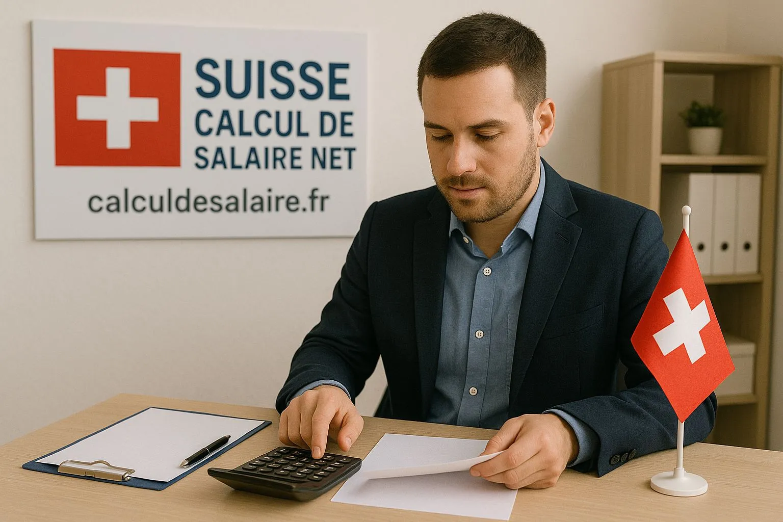 Billets de francs suisses et pièces posés sur une table près d'un décompte de salaire